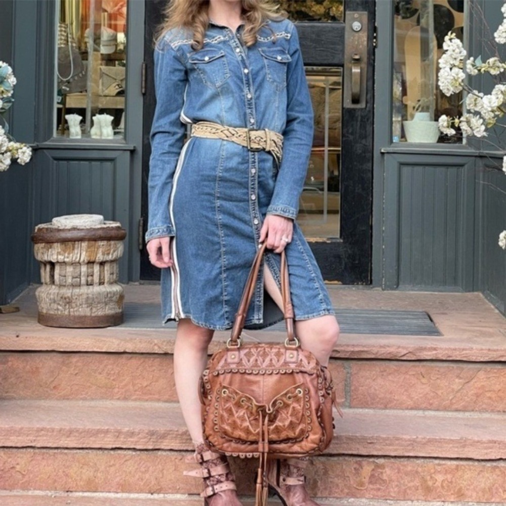Montana‎ Co Denim Button Up Long Sleeve Midi Dress Shirt Blue Size M NWT $88